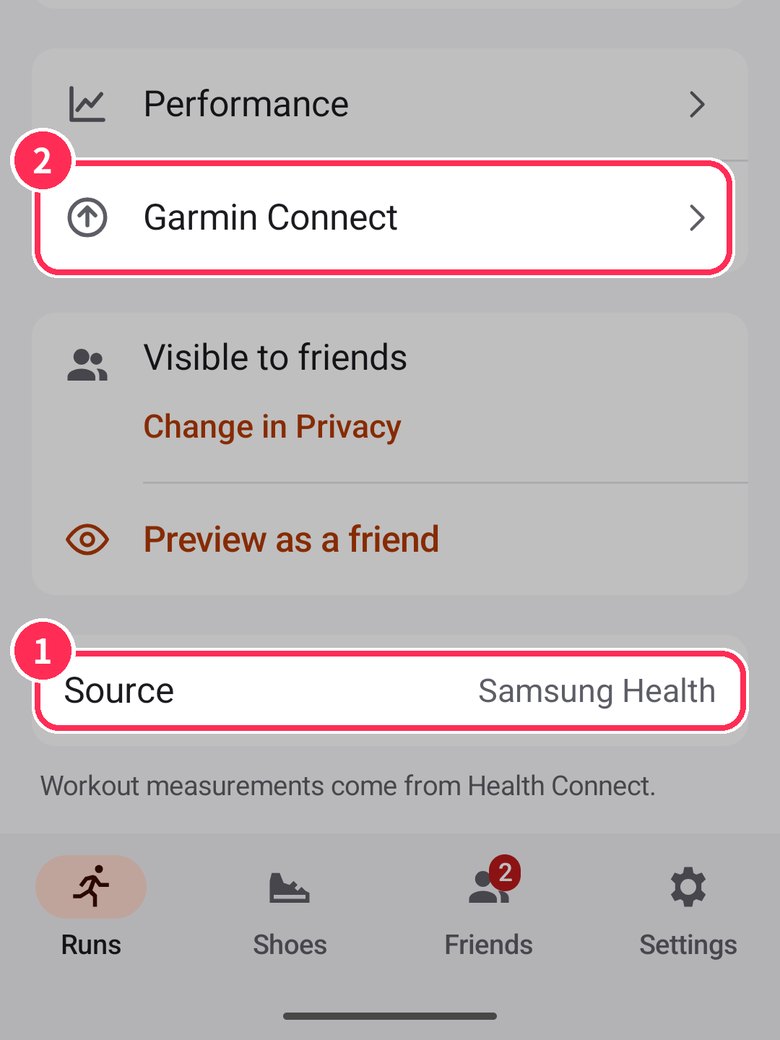 Android run details. Source Samsung Health and the Garmin Connect row
