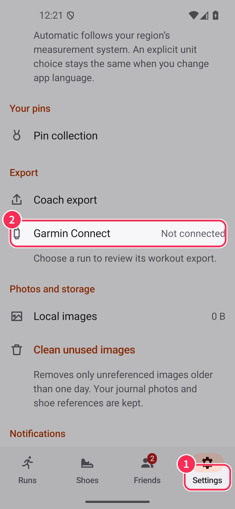 Android Aftermiles Settings. Garmin Connect under Export
