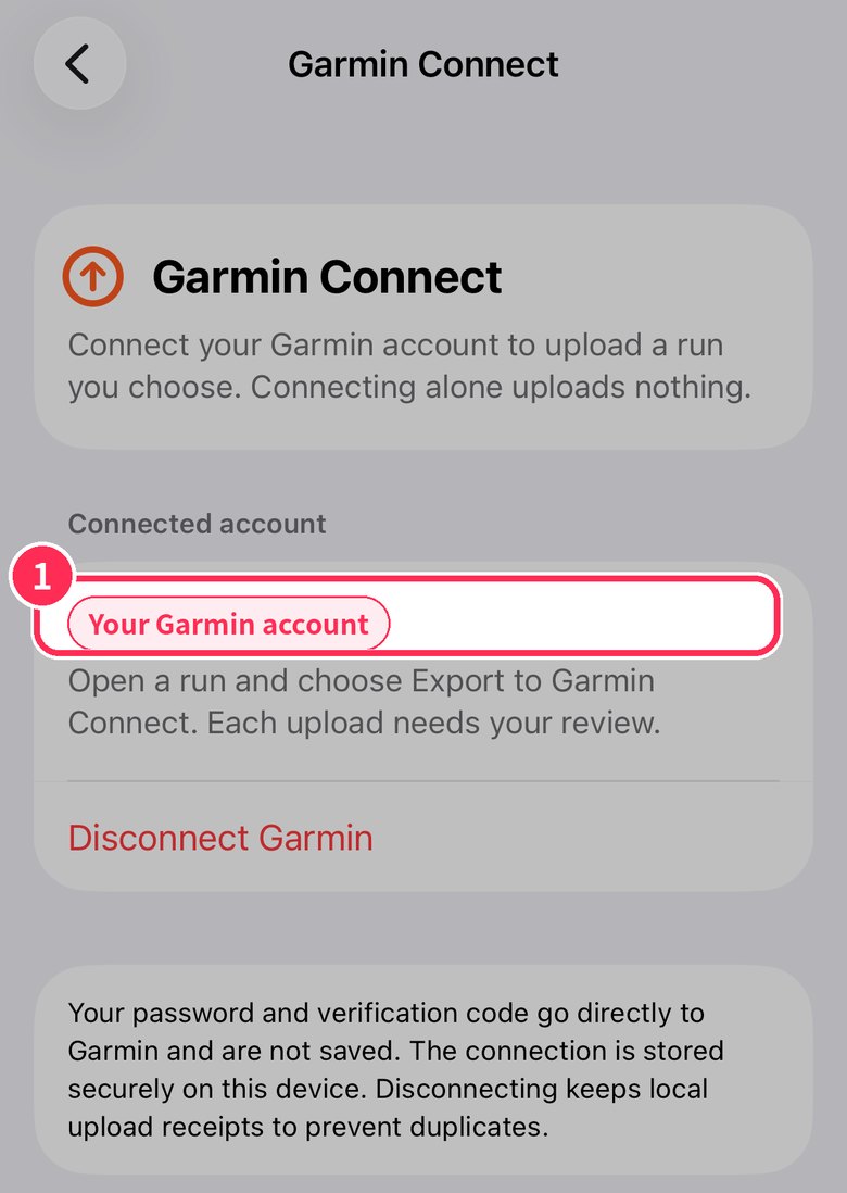 Connected account shows the Garmin account name