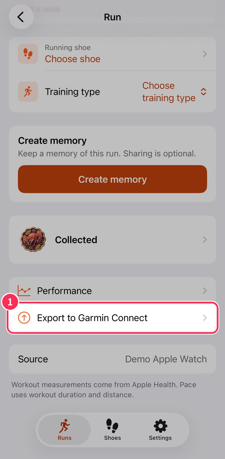 Export to Garmin Connect row in run details