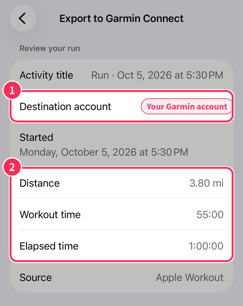 Review your run. Destination account, distance, workout time