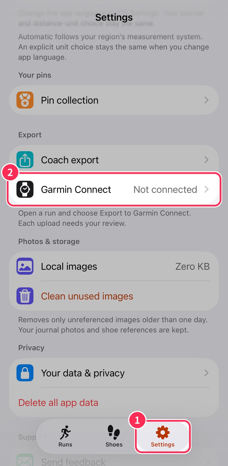 Aftermiles Settings. Garmin Connect under Export, Not connected